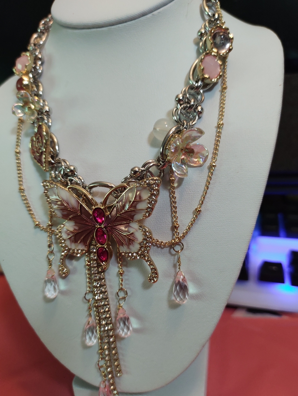 Delicate Pink Butterfly Pendant Necklace with Gold Chain And Beads